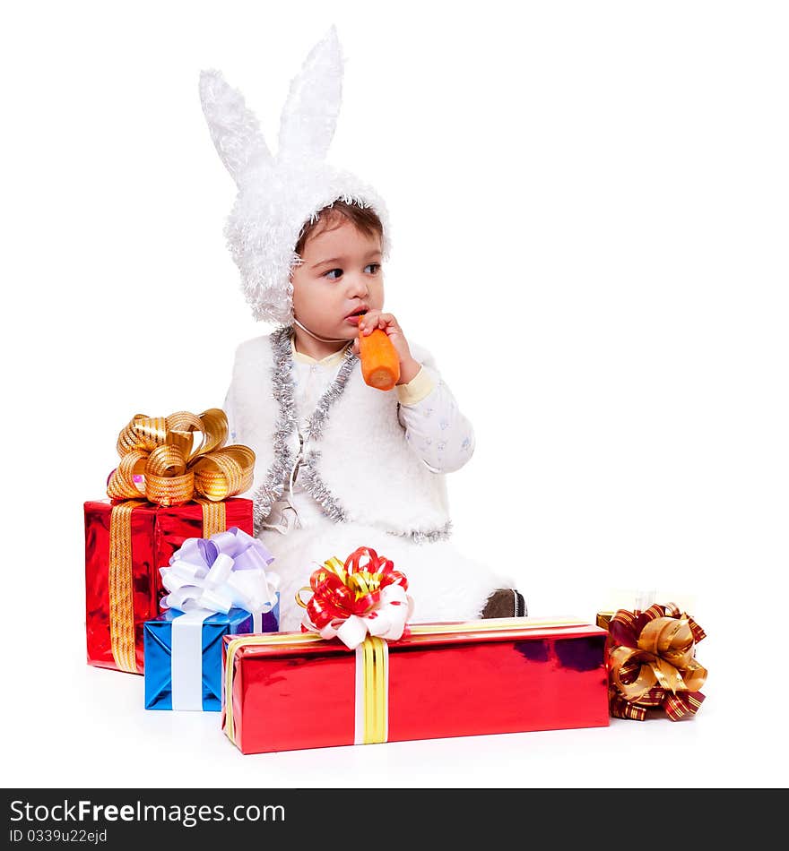 New year rabbit boy with gifts. New year rabbit boy with gifts