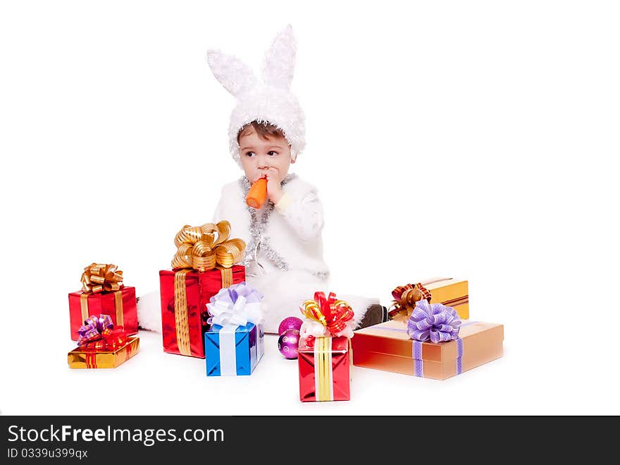 New year rabbit boy with gifts. New year rabbit boy with gifts