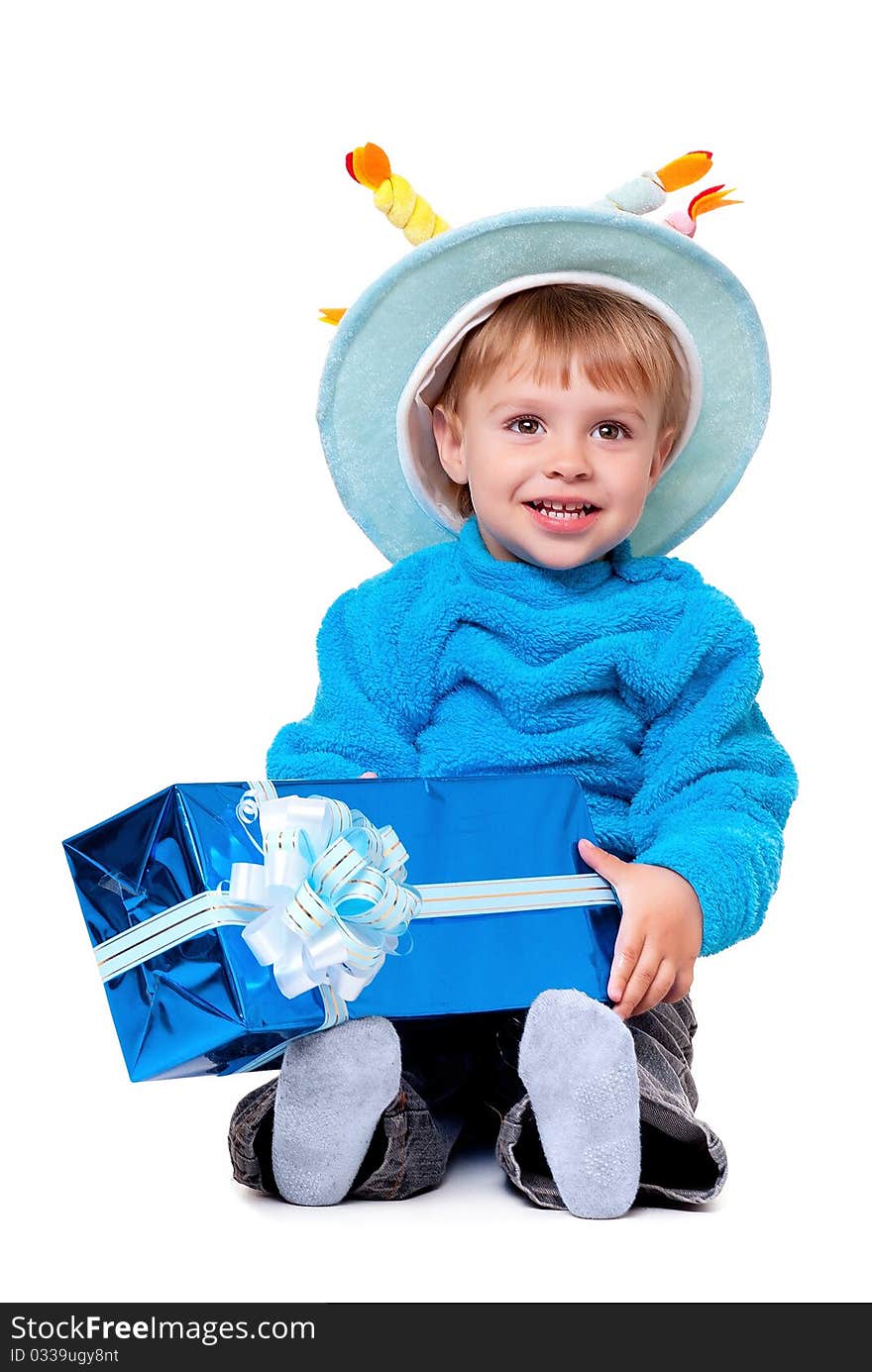 Child boy in birthday hat over white. Child boy in birthday hat over white