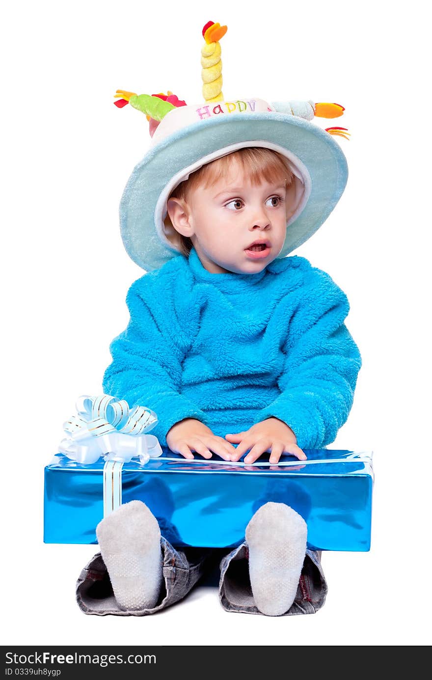 Child boy in birthday hat over white. Child boy in birthday hat over white