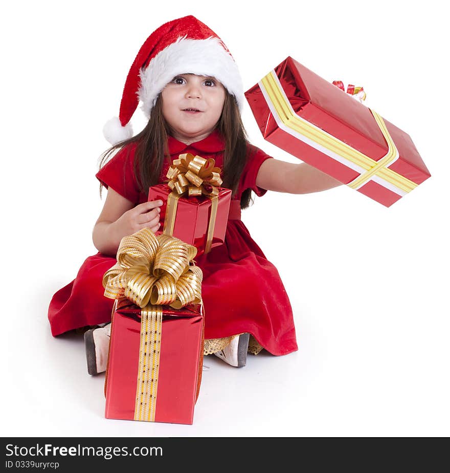 Sweet smiling girl with gift, isolated on white