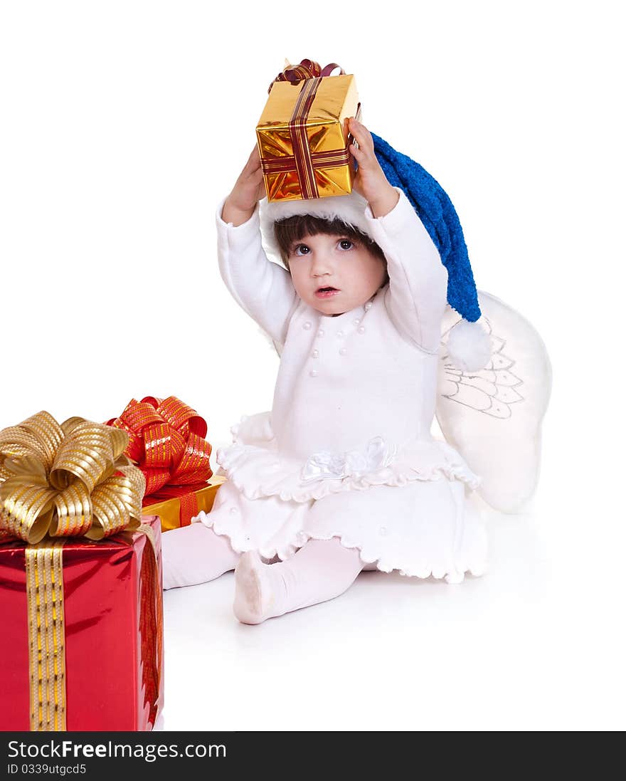 Angel little girl with gift box. Isolated on white background. Angel little girl with gift box. Isolated on white background