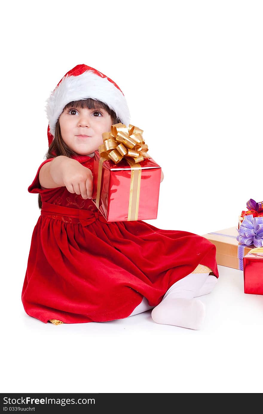 Sweet smiling girl with gift, isolated on white