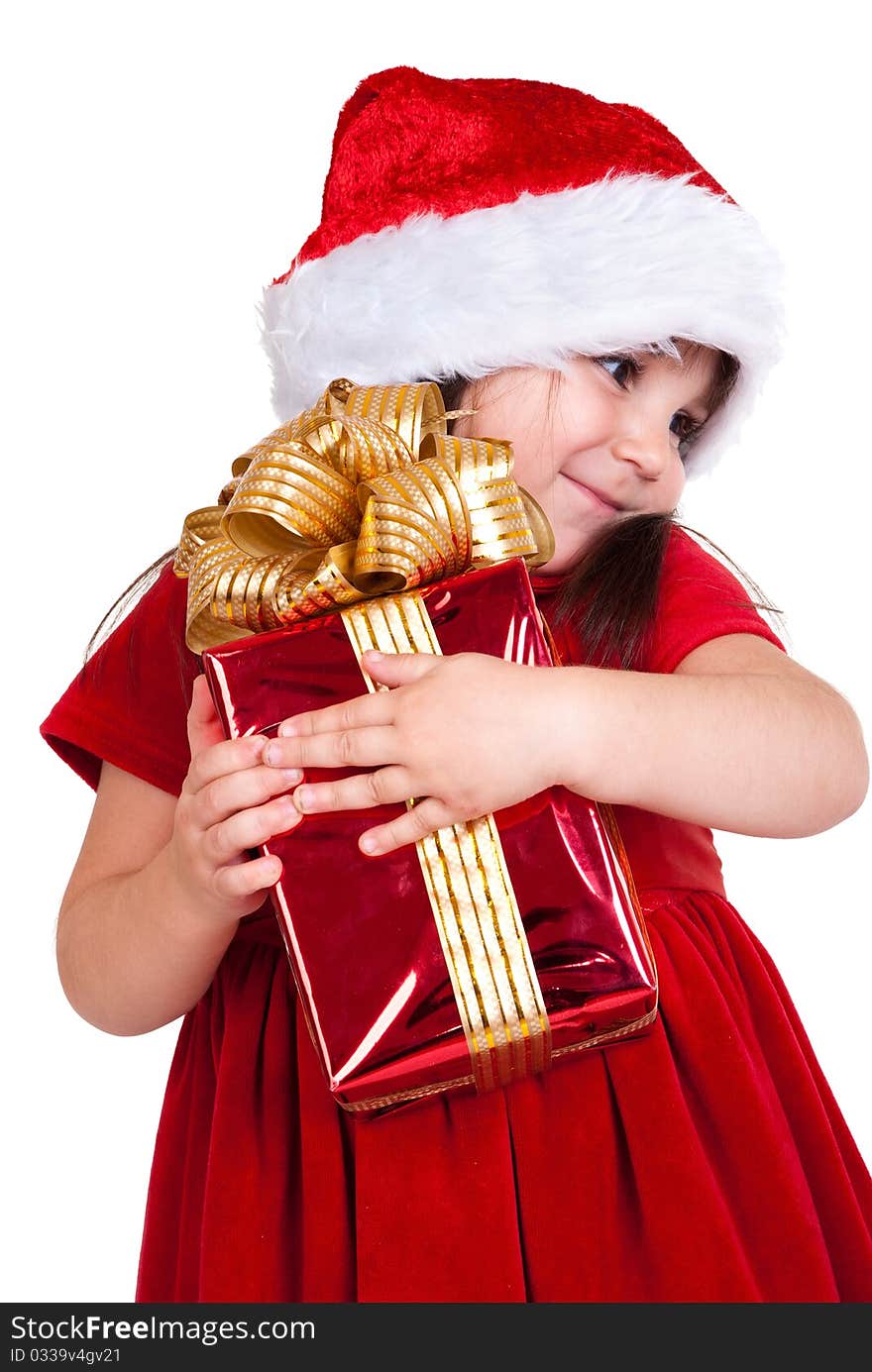 Sweet smiling girl with gift, isolated on white. Sweet smiling girl with gift, isolated on white