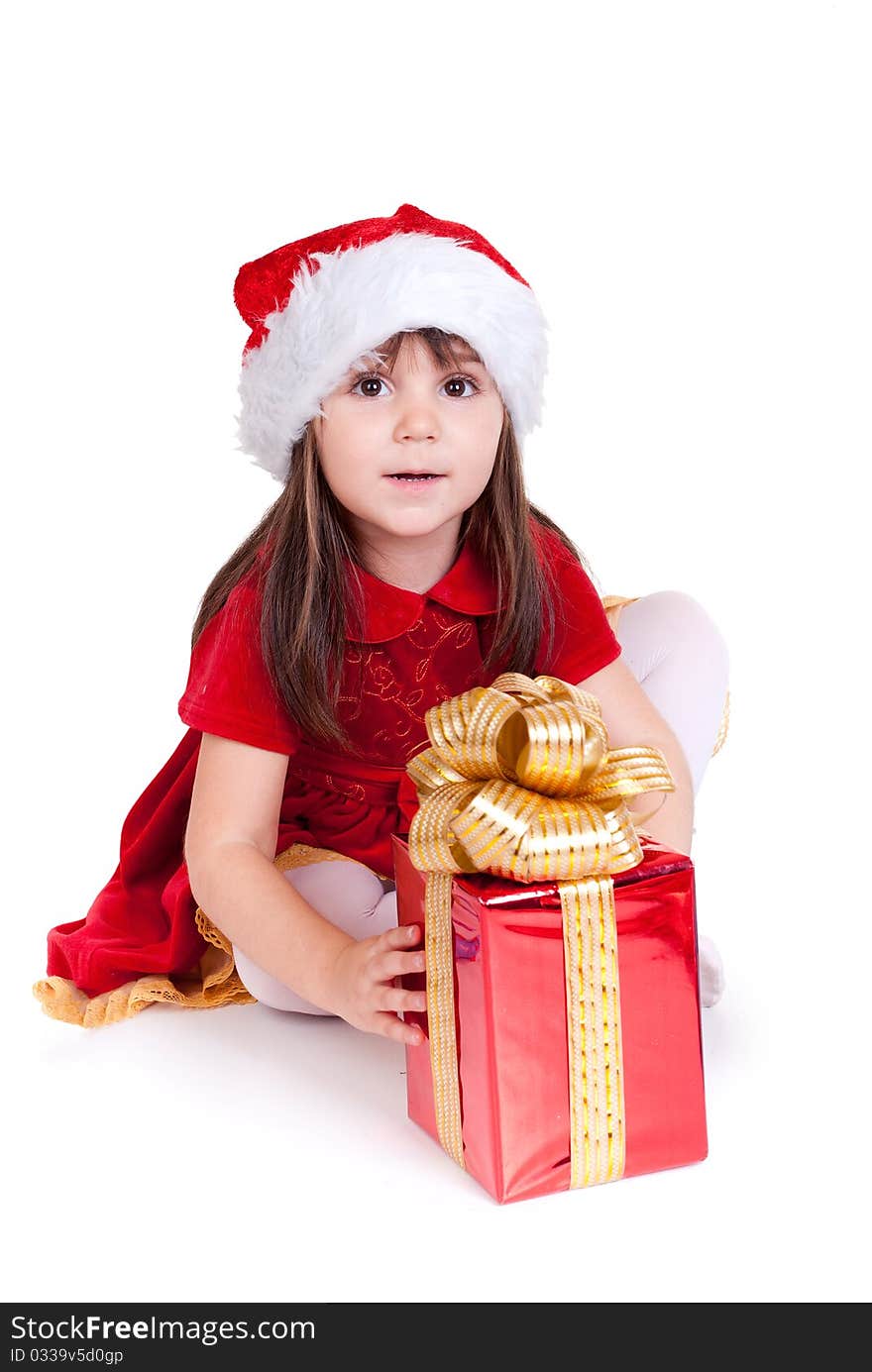 Sweet smiling girl with gift, isolated on white