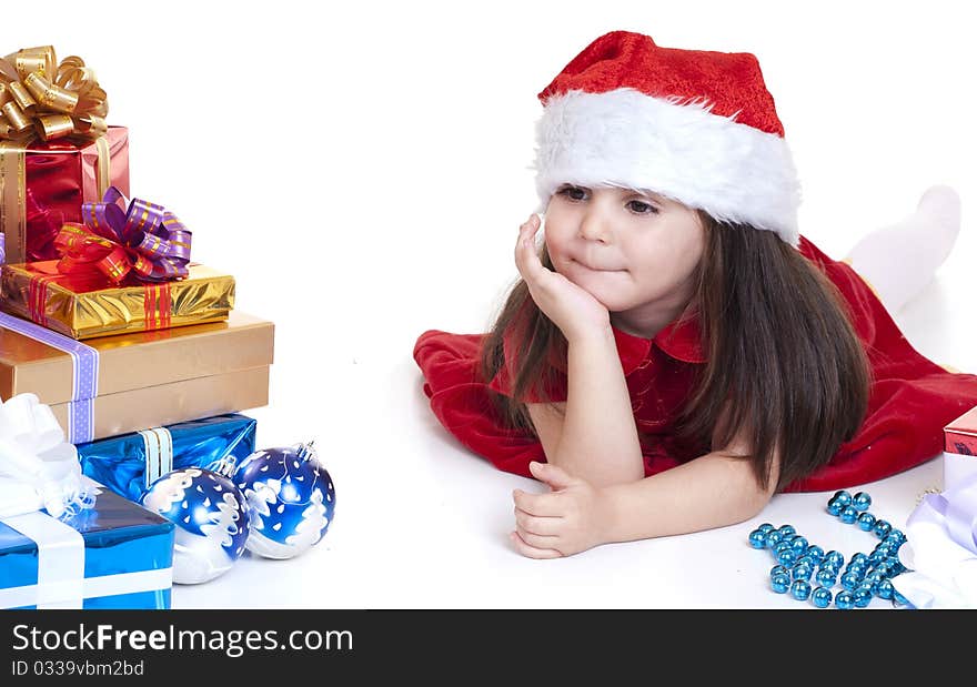 Sweet smiling girl with gift, isolated on white. Sweet smiling girl with gift, isolated on white