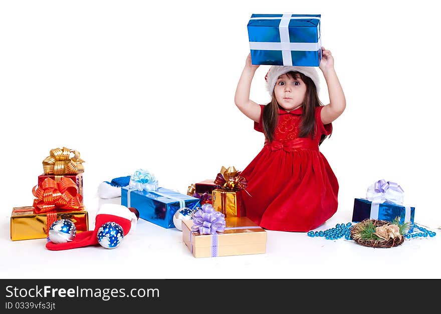 Sweet smiling girl with gift, isolated on white. Sweet smiling girl with gift, isolated on white