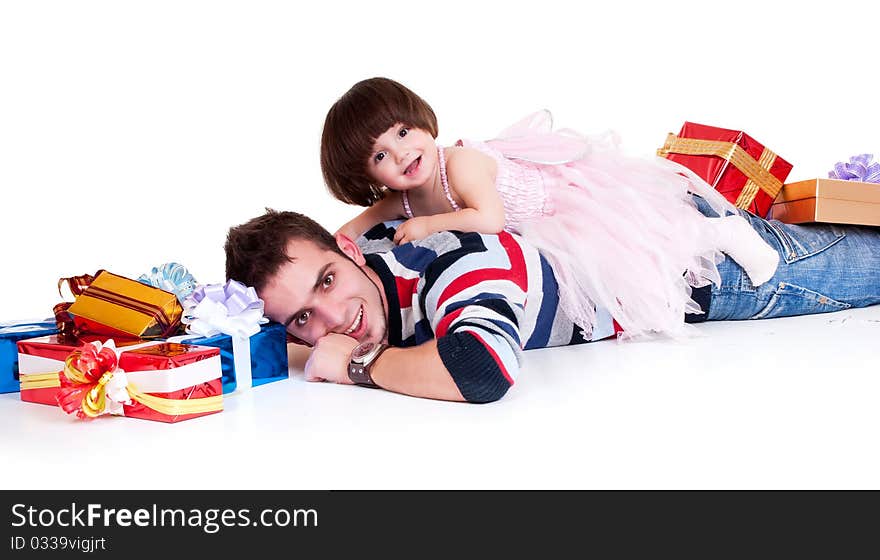 Happy Father playing with daughter isolated on a white background. Happy Father playing with daughter isolated on a white background