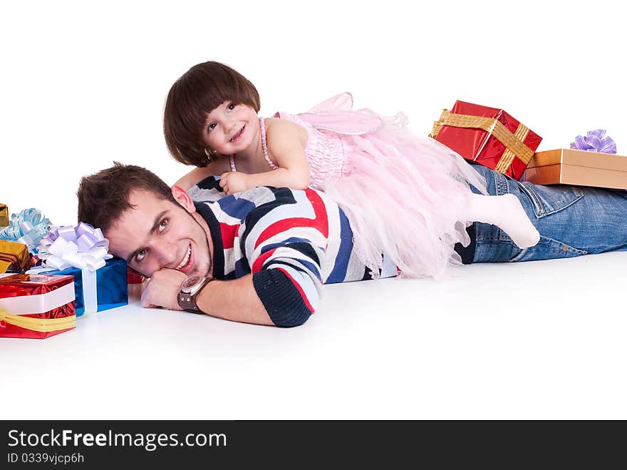 Happy Father playing with daughter isolated on a white background. Happy Father playing with daughter isolated on a white background