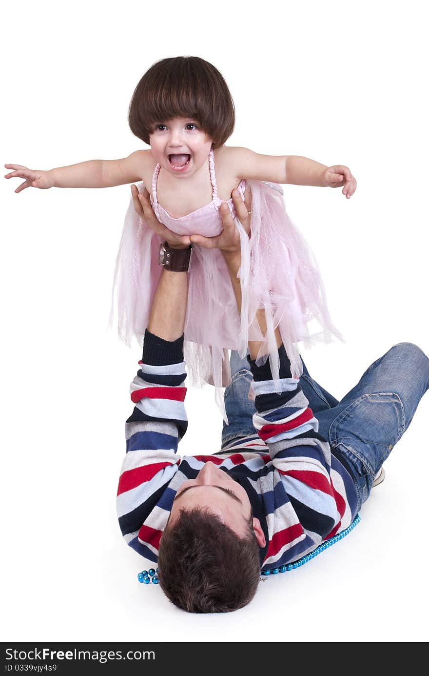 Father and daughter piggyback isolated on white. Father and daughter piggyback isolated on white