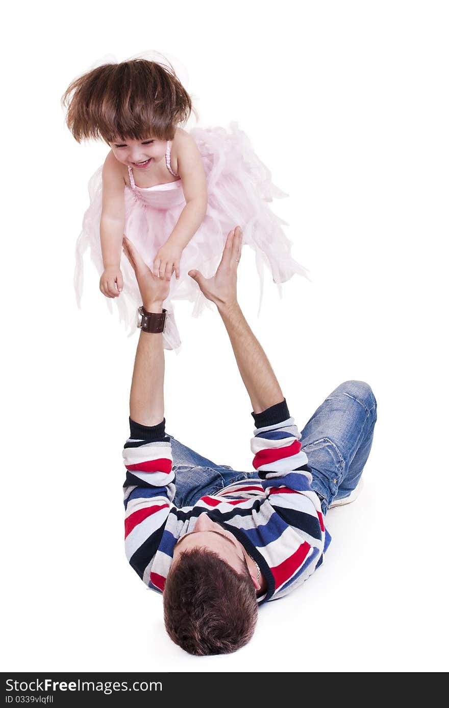 Father and daughter piggyback isolated on white. Father and daughter piggyback isolated on white