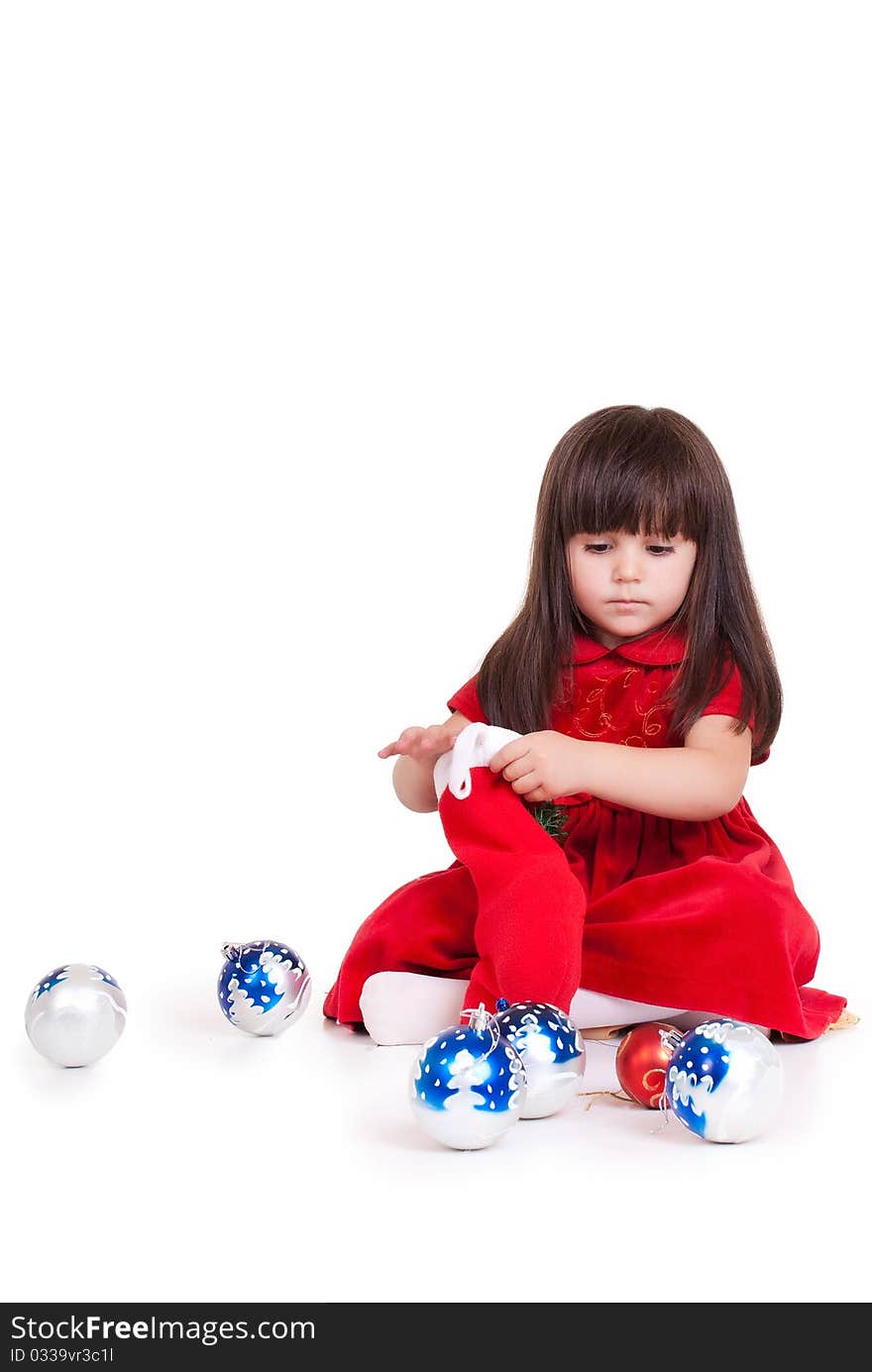 Sweet smiling girl with gift, isolated on white