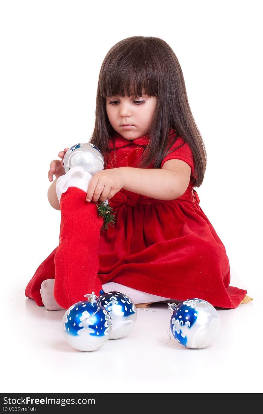 Sweet smiling girl with gift, isolated on white