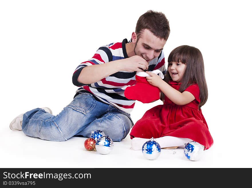 Happy Father playing with daughter isolated on a white background. Happy Father playing with daughter isolated on a white background