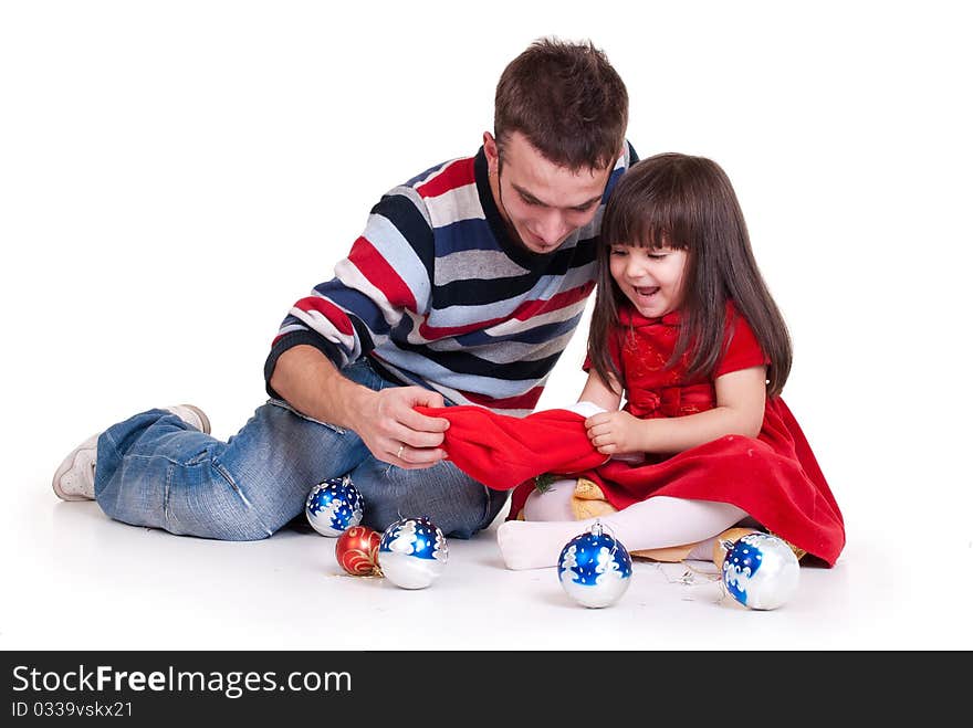 Happy Father playing with daughter isolated on a white background. Happy Father playing with daughter isolated on a white background