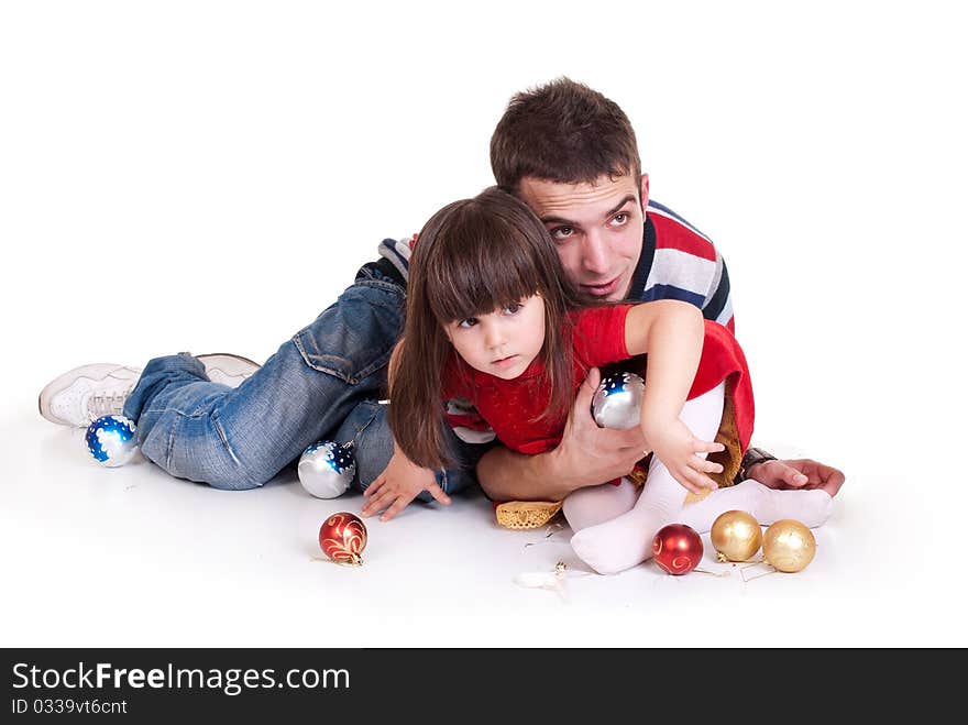 Happy Father playing with daughter isolated on a white background