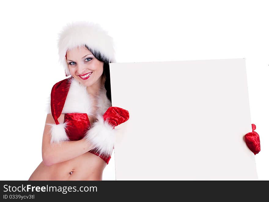 Santa girl with a blank sign. Add your text. Santa girl with a blank sign. Add your text.