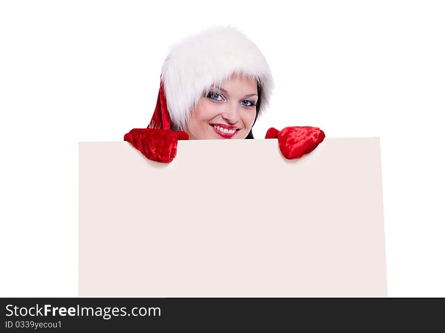 Santa girl with a blank sign. Add your text. Santa girl with a blank sign. Add your text.