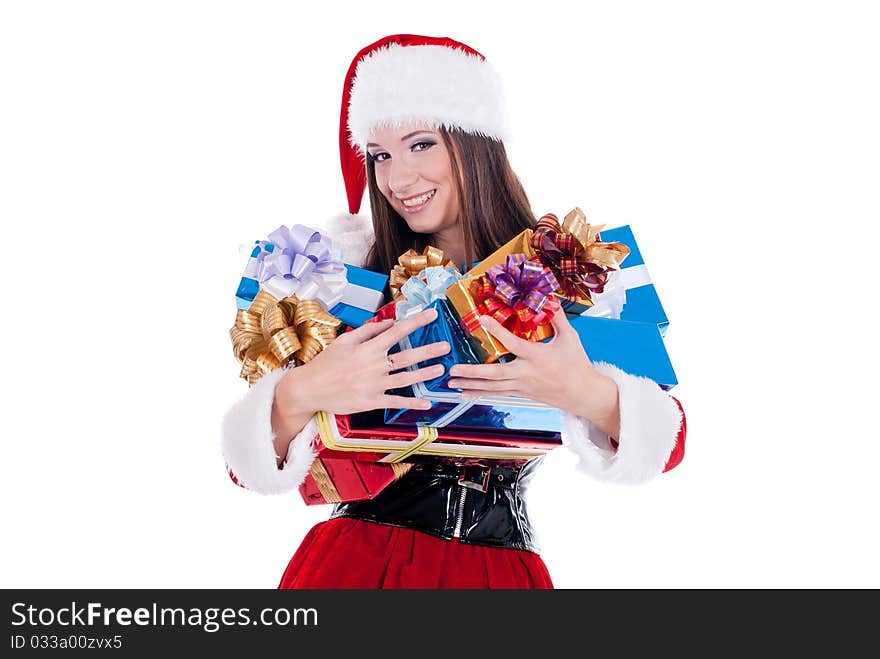 Santa Claus woman with many colorful holiday gift boxes for Christmas, isolated on white background. Santa Claus woman with many colorful holiday gift boxes for Christmas, isolated on white background