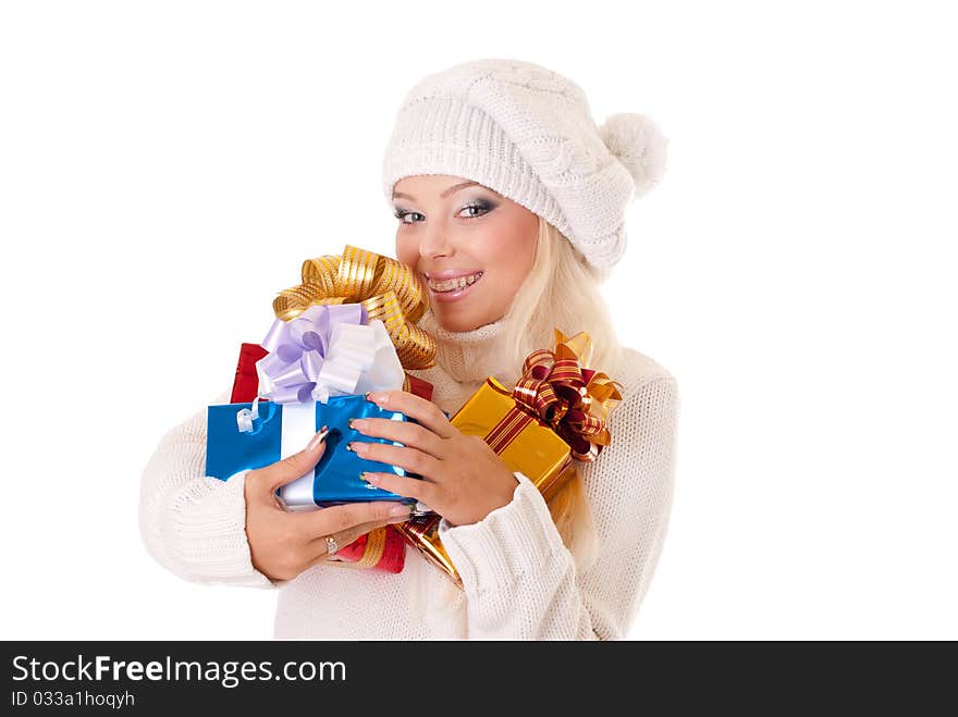 Girl holding a presents on white background. Girl holding a presents on white background