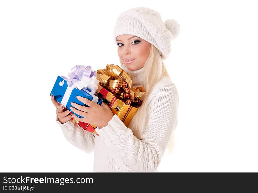 Girl holding a presents on white background