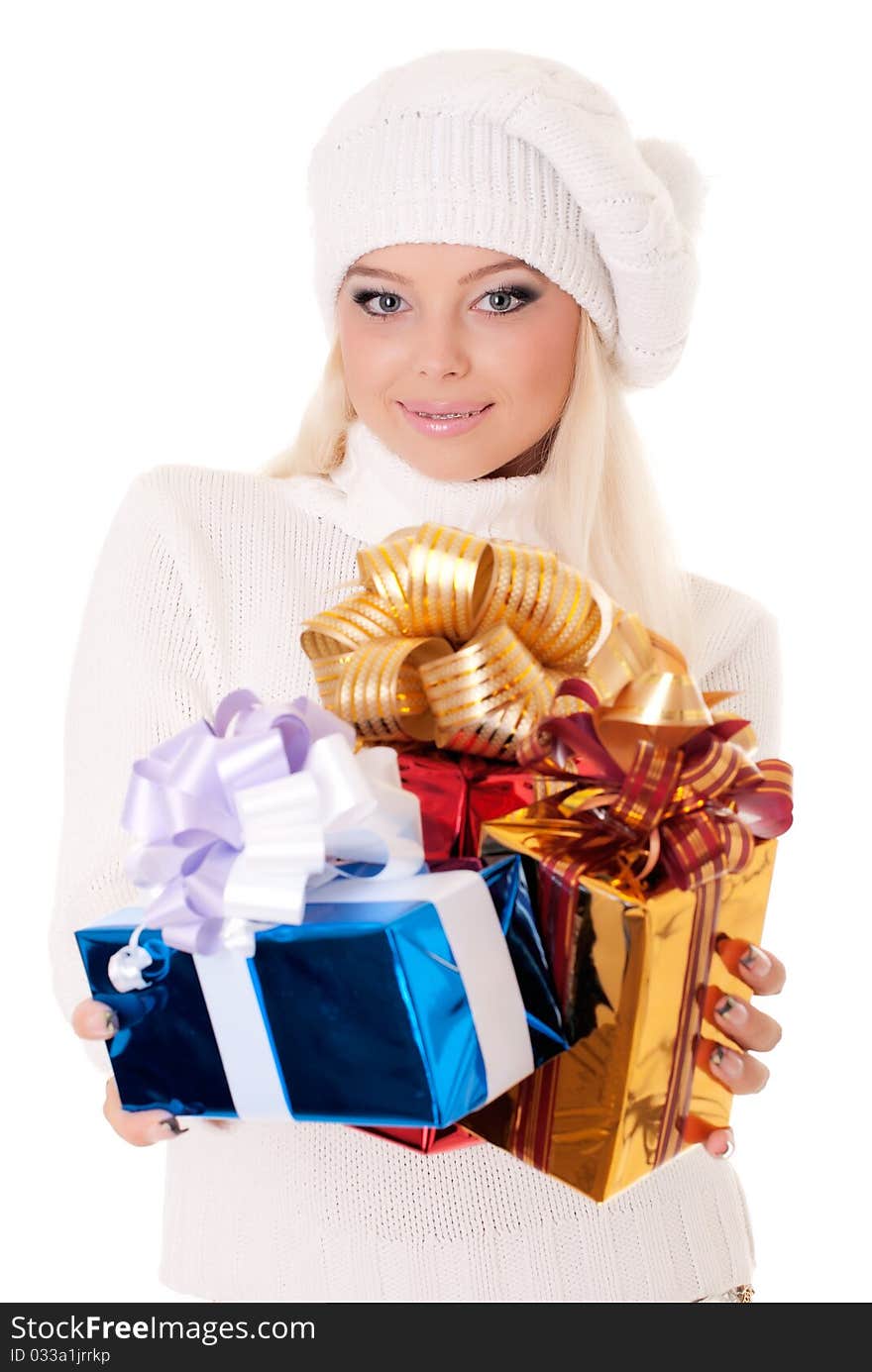 Woman holding a presents on white background. Woman holding a presents on white background