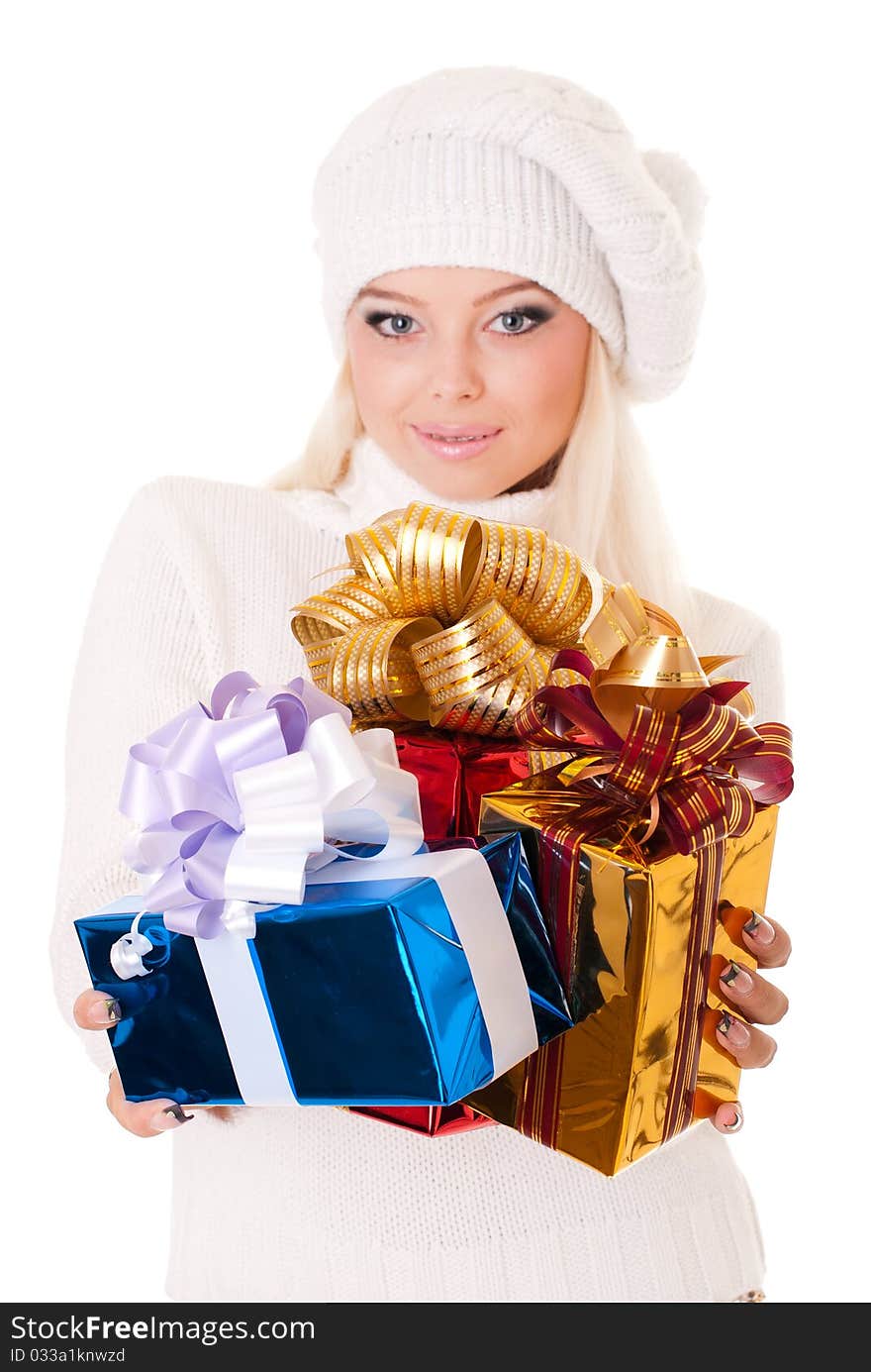 Girl holding a presents on white background. Girl holding a presents on white background