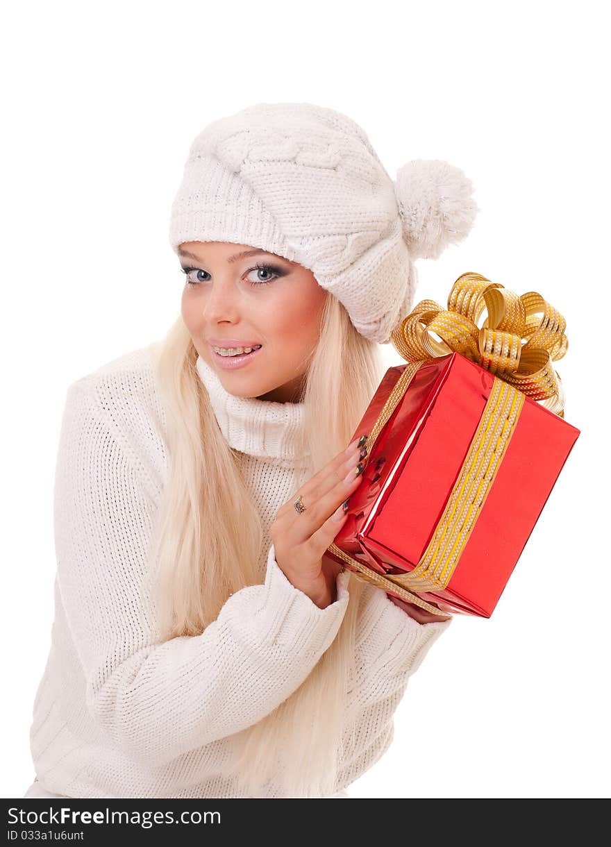 Girl holding a presents on white background. Girl holding a presents on white background