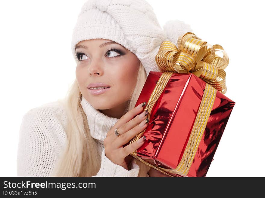 Girl holding a presents on white background. Girl holding a presents on white background