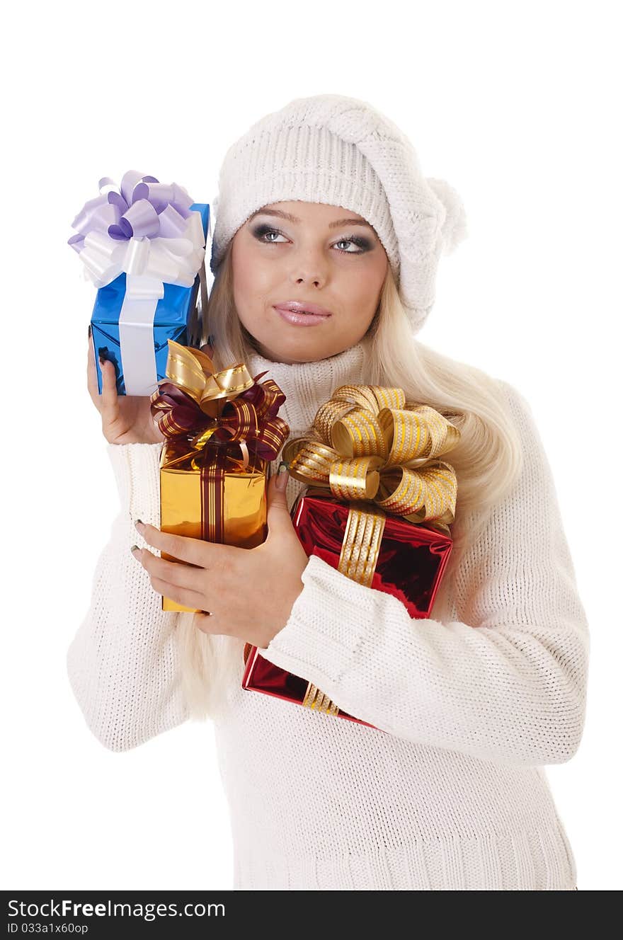 Girl holding a presents on white background. Girl holding a presents on white background