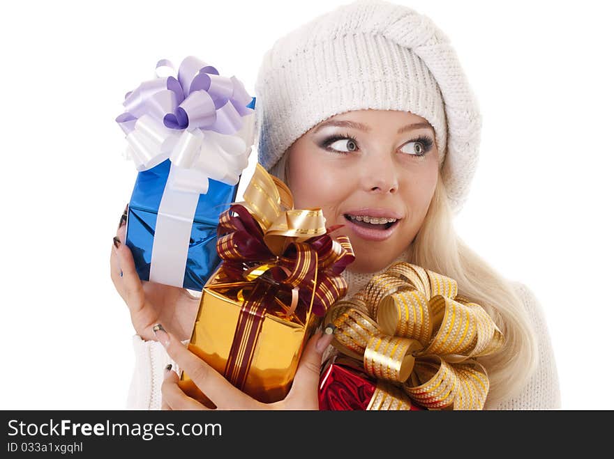 Girl holding a presents on white background. Girl holding a presents on white background