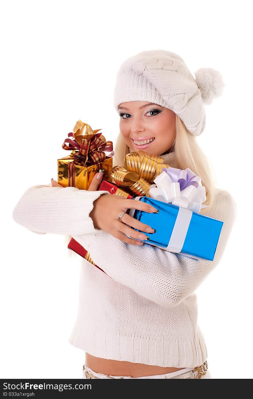 Girl holding a presents on white background. Girl holding a presents on white background