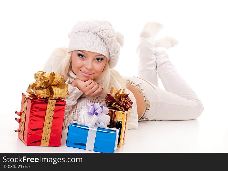 Woman holding a presents on white background. Woman holding a presents on white background