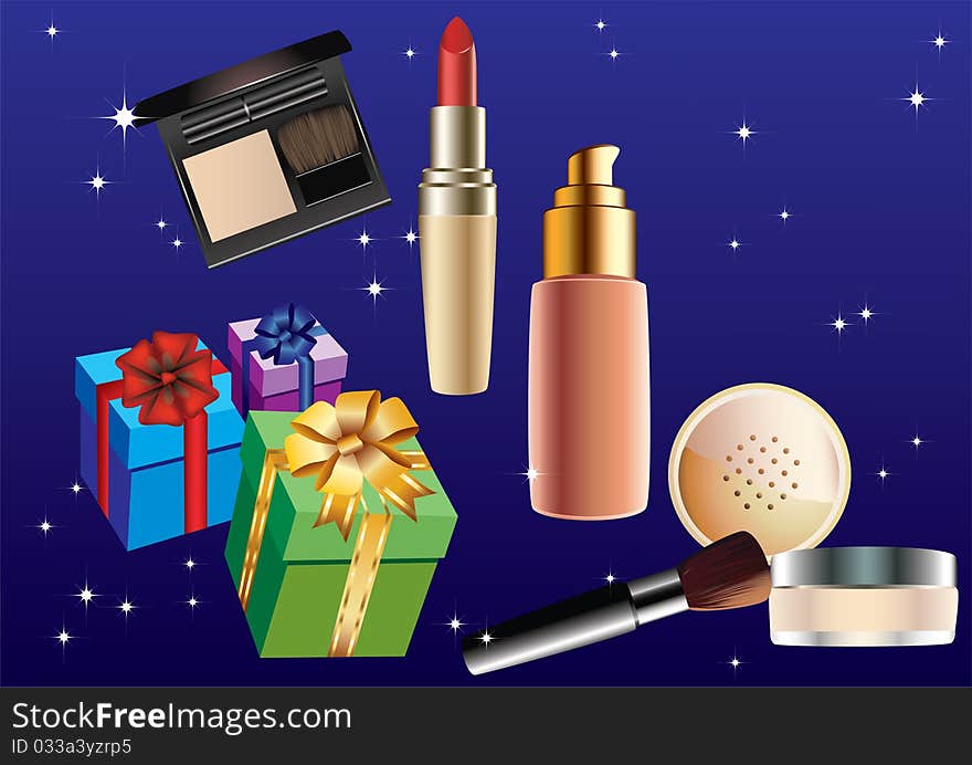 Cosmetics and gift boxes on a blue background. Cosmetics and gift boxes on a blue background.