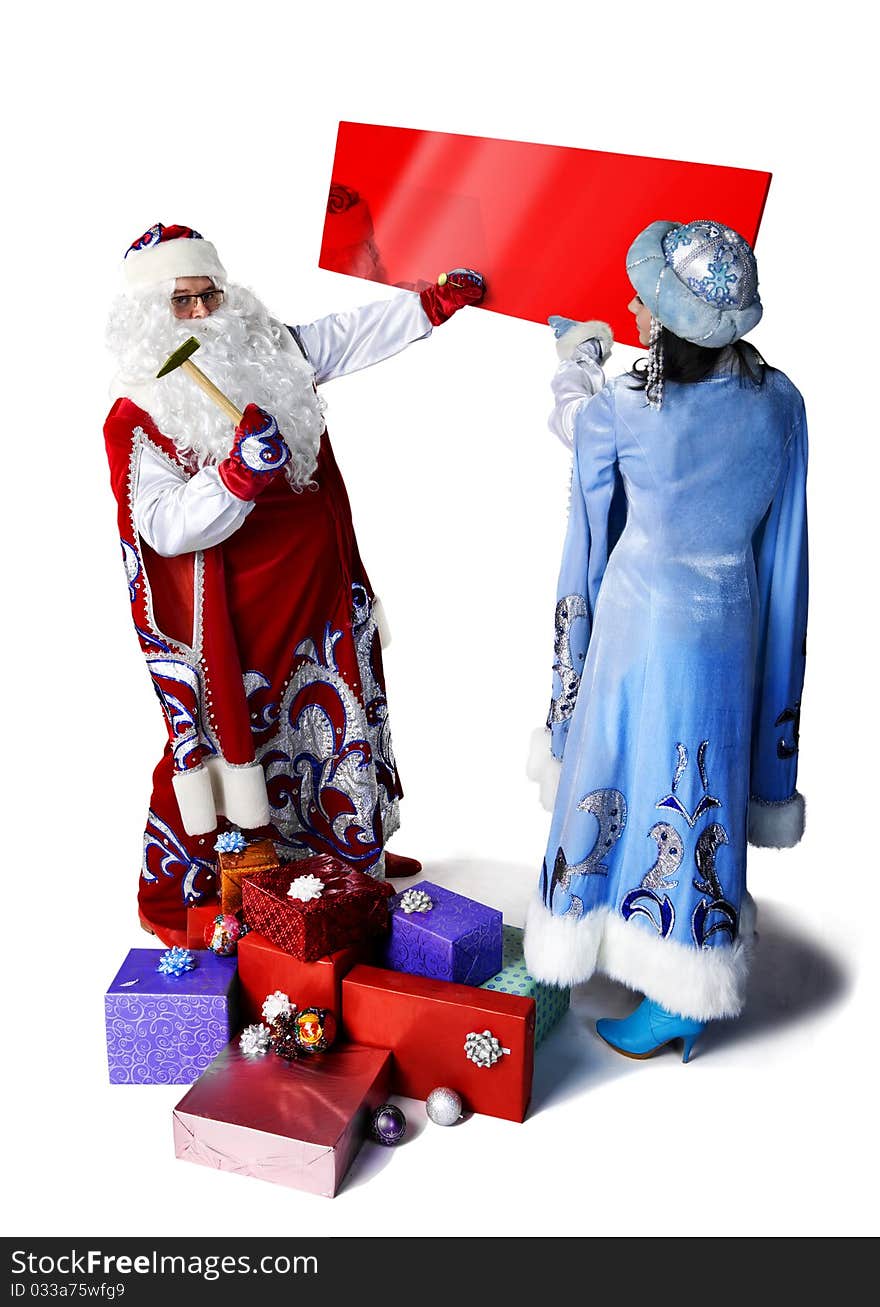 Santa Claus carries the big bag with gifts on white background. Santa Claus carries the big bag with gifts on white background.