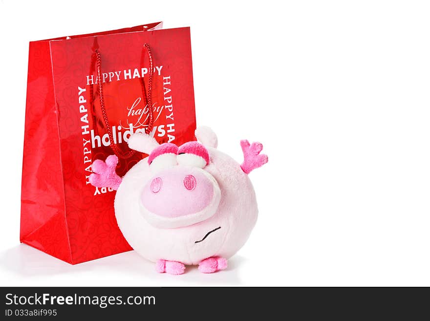 Toy Piglet As Christmas Gift Isolated On White