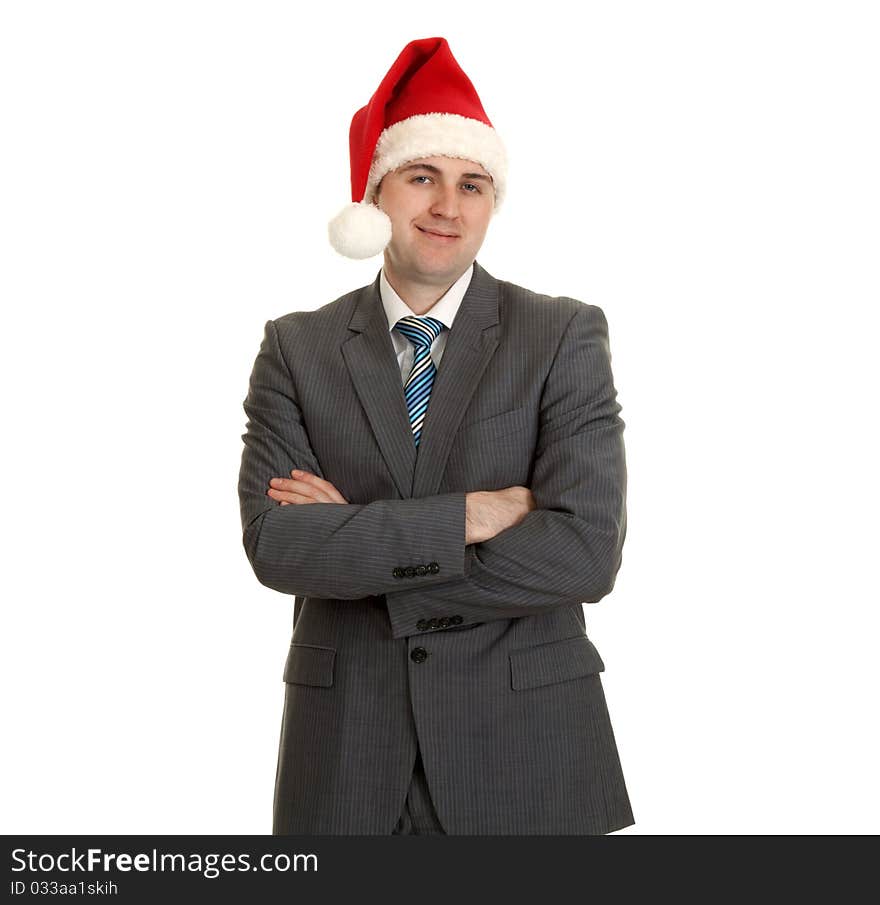 Man in gray suit with tie in hat santa on white background