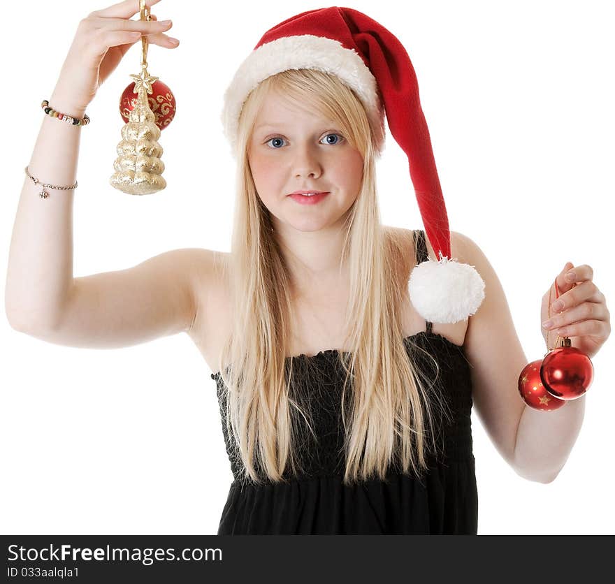 Young beautiful girl in a Santa hat on a white background