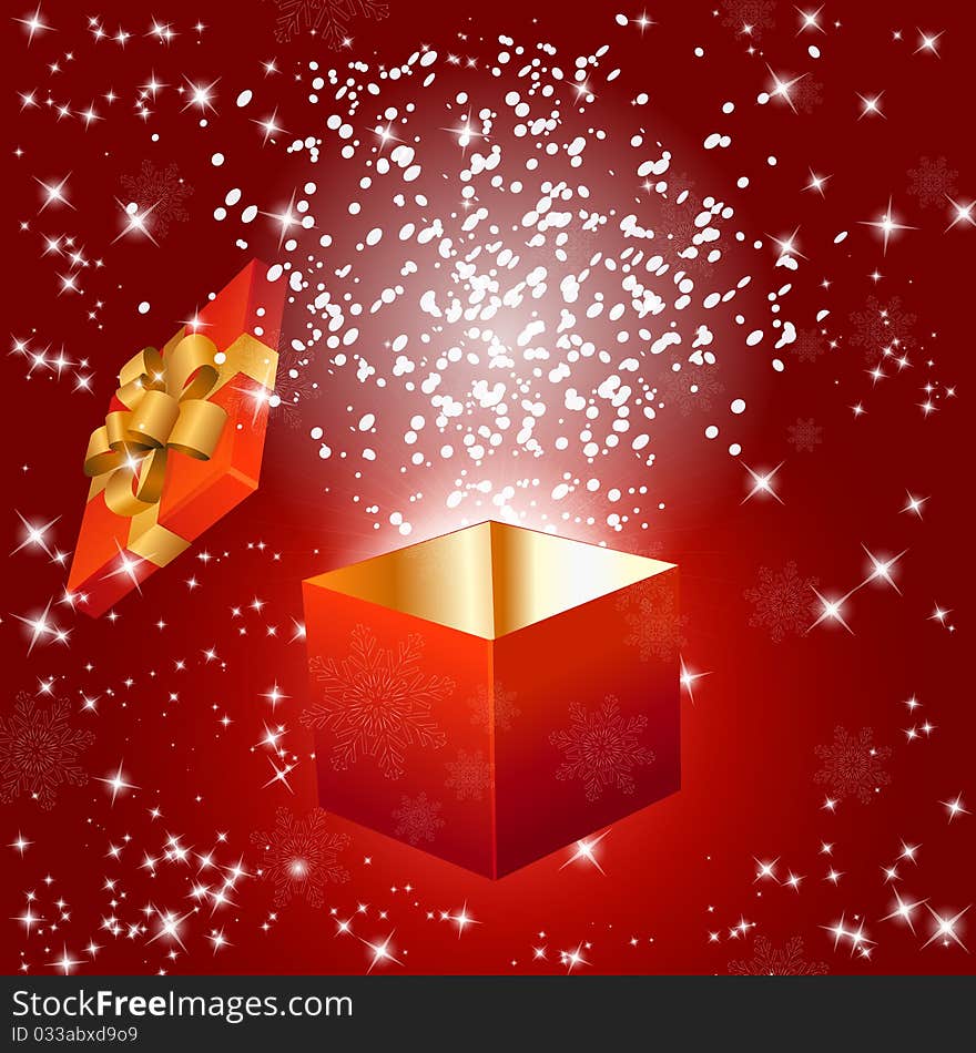 Abstract red background with gift box and snowflakes. Vector eps10 illustration