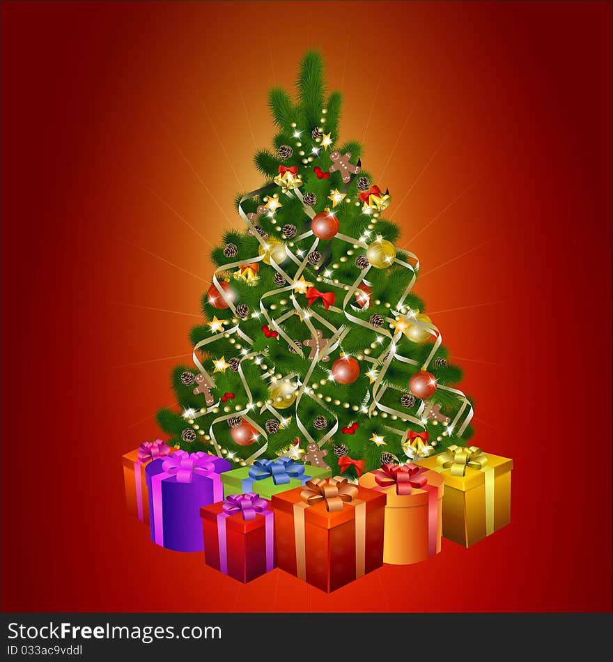 Christmas tree with gift boxes on red background. Vector eps10 illustration