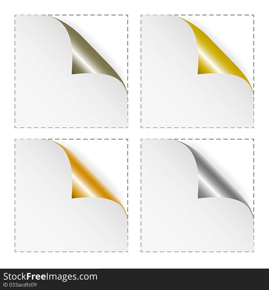 Set of white blank stickers with gold and silver corners. Vector eps10 illustration