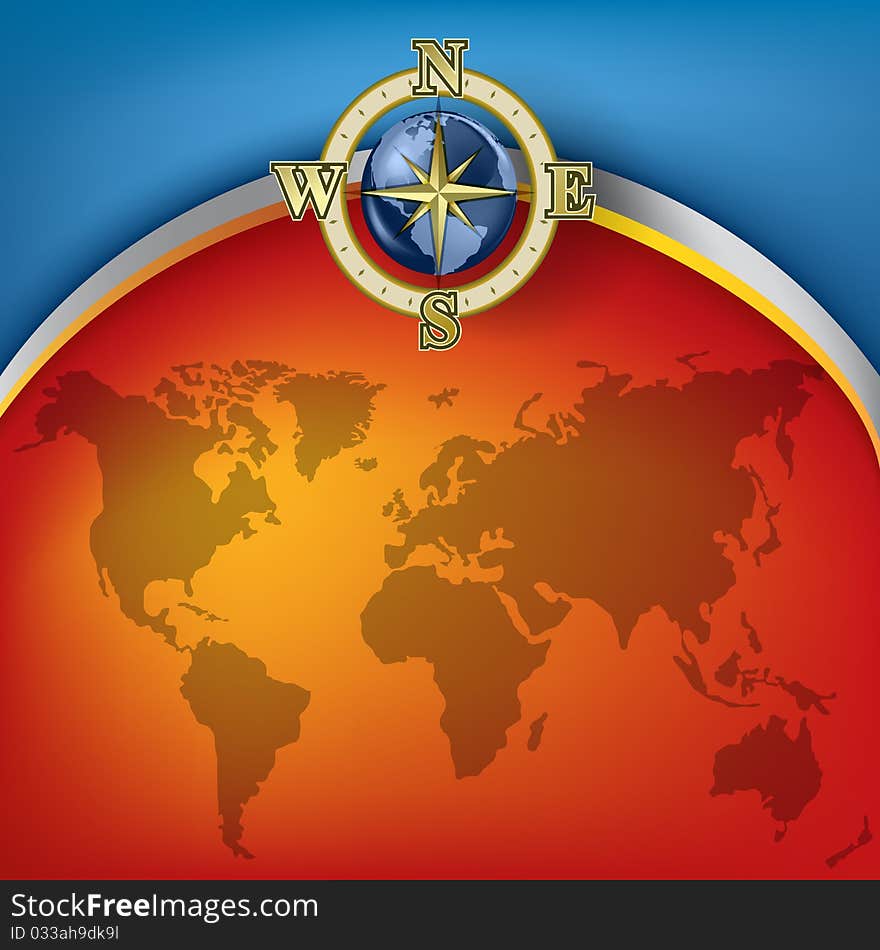 Abstract red background with earth map and compass. Abstract red background with earth map and compass