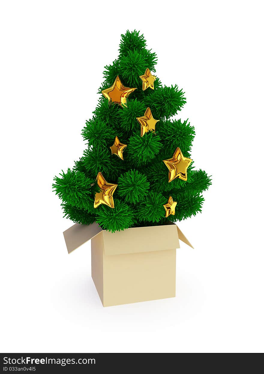 Evergreen tree in beige box. Christmas surprise concept. Isolated on white background. Evergreen tree in beige box. Christmas surprise concept. Isolated on white background.