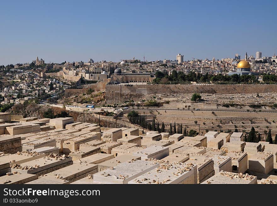 Jerusalem Olives Cemetery glance on Moria mosque Al Aqsa and Dome of the Rock