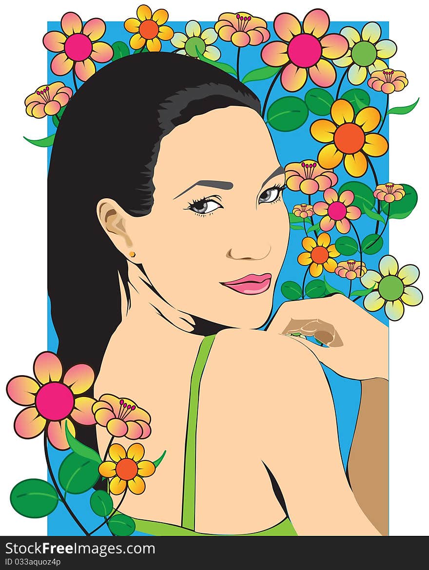 Beautiful girl in the midst of flowers. illustration-vector. EPS. Beautiful girl in the midst of flowers. illustration-vector. EPS