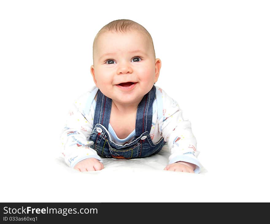 Bright closeup portrait of adorable baby over white. Bright closeup portrait of adorable baby over white