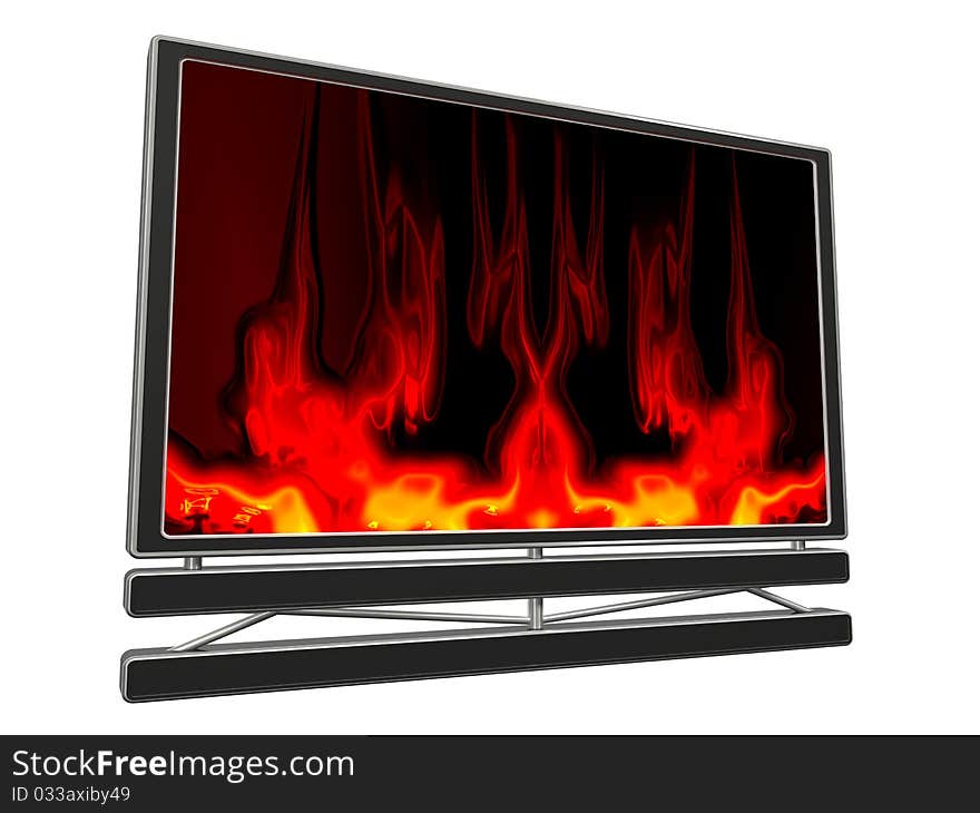 Three-dimensional TV with a metal frame (fireplace) for the wall, with fire on the screen. Three-dimensional TV with a metal frame (fireplace) for the wall, with fire on the screen