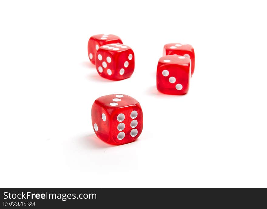 Five red dices isolated on a white background