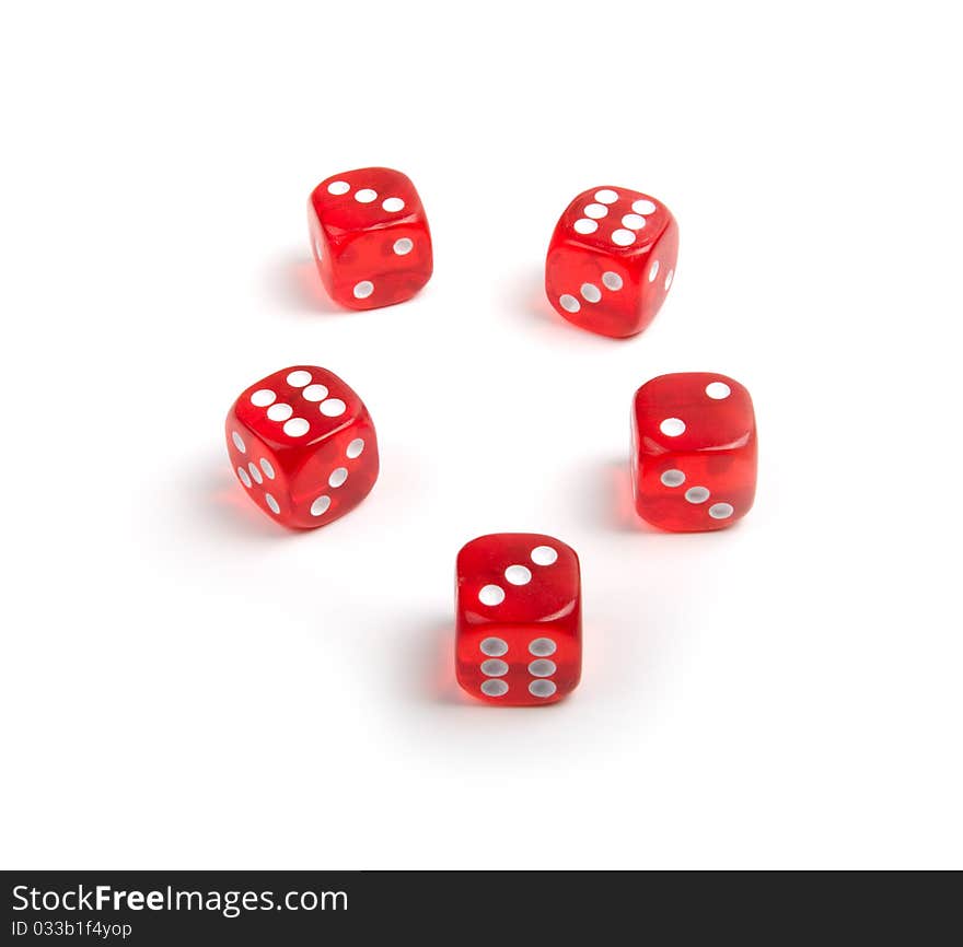 Five red dices isolated on a white background