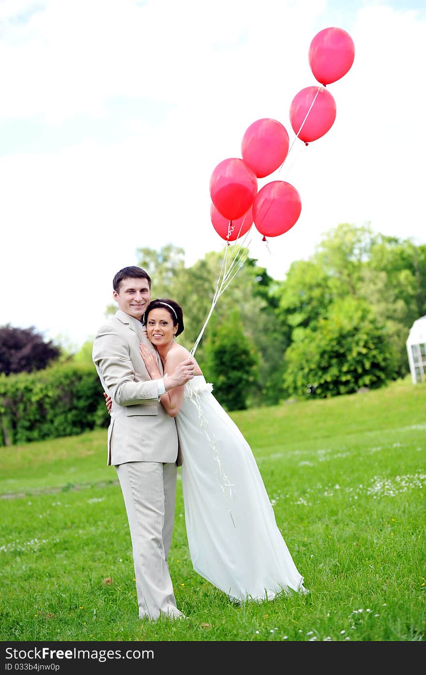 Groom and bride with balloons on green field. Groom and bride with balloons on green field